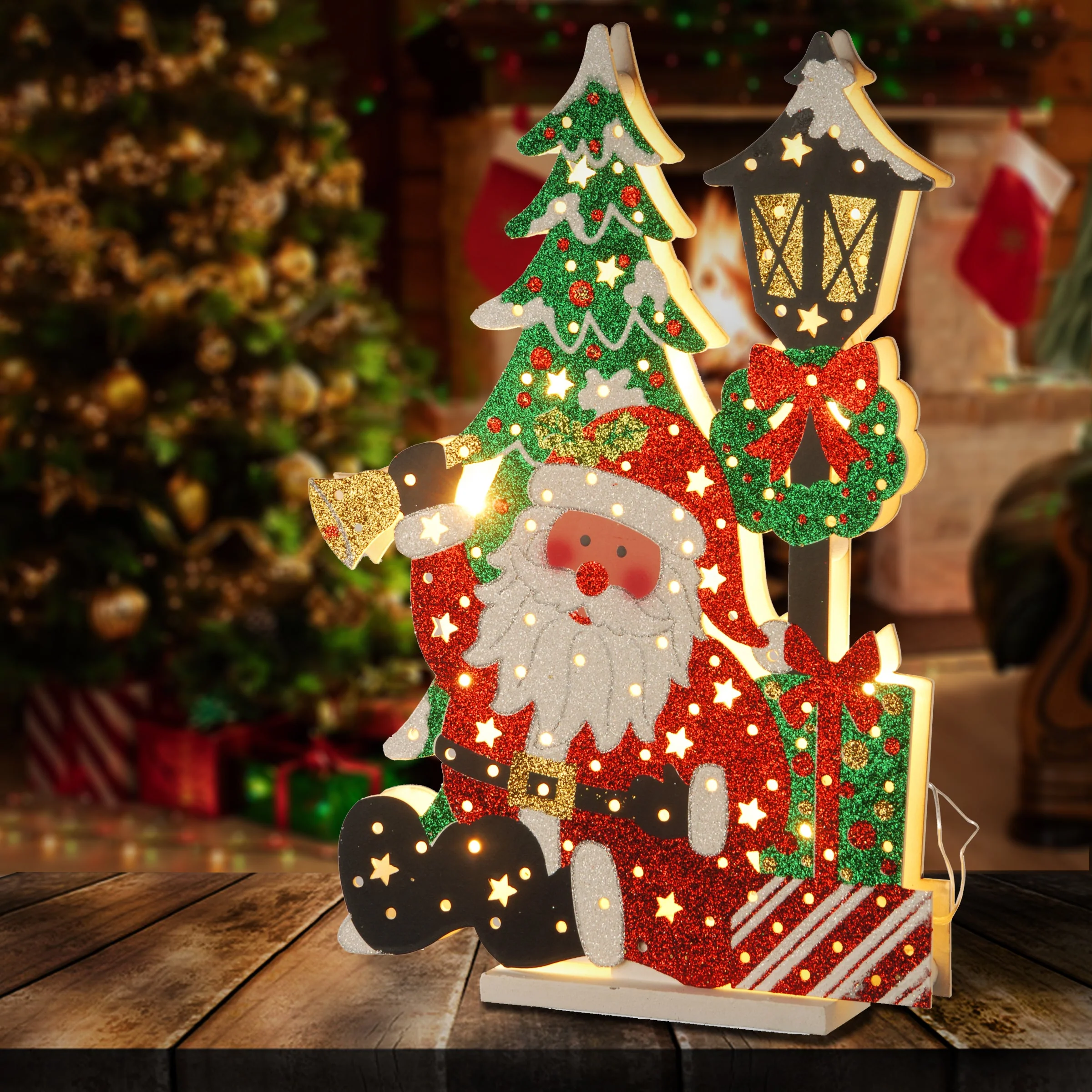 17.5 in. Pre-Lit Wooden Santa Scene - Image 3
