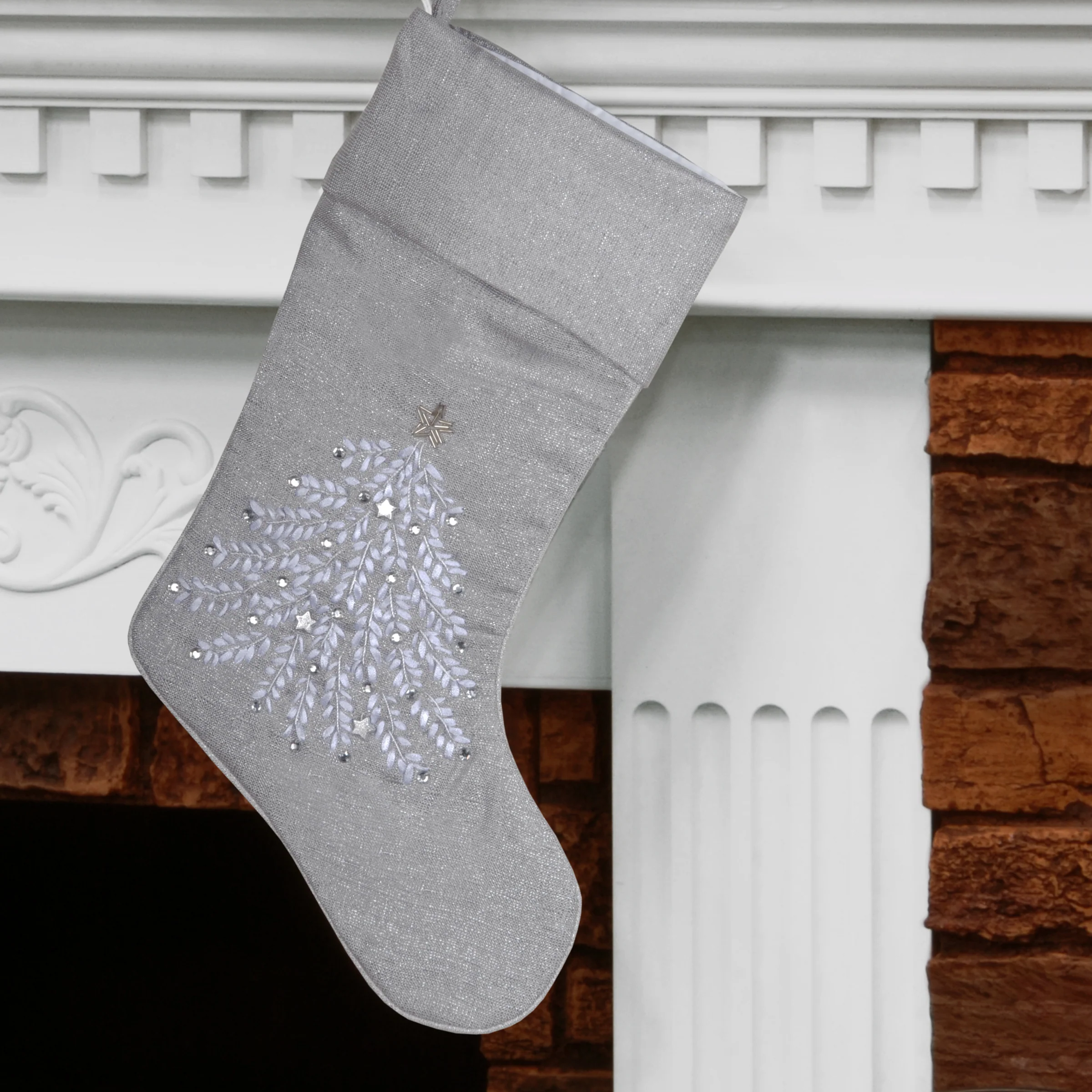 19 in. Silver Stocking with Christmas Tree Design - Image 2