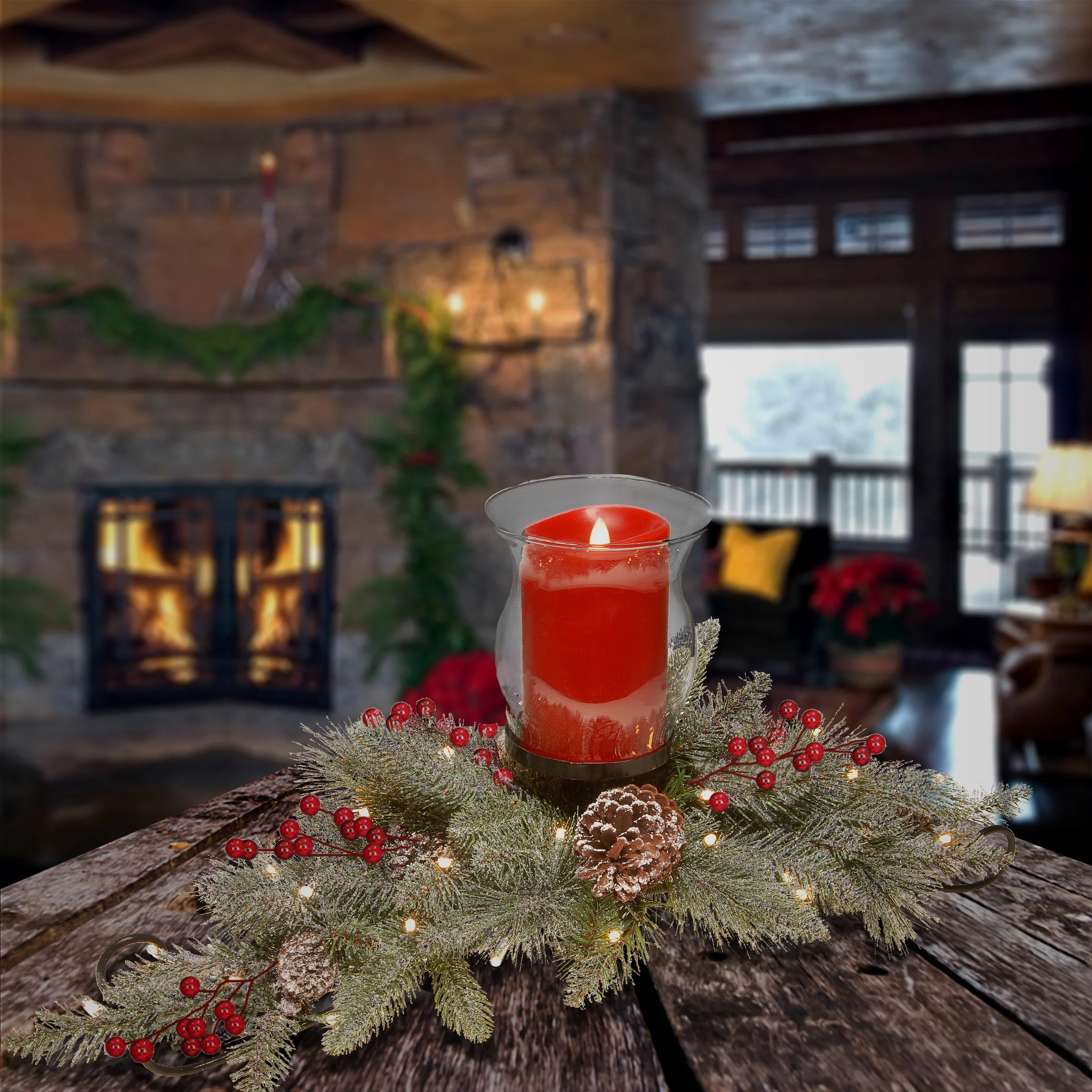 30 in. Pre-Lit Snowy Bristle Berry Candle Holder Centerpiece with LED lights - Image 2