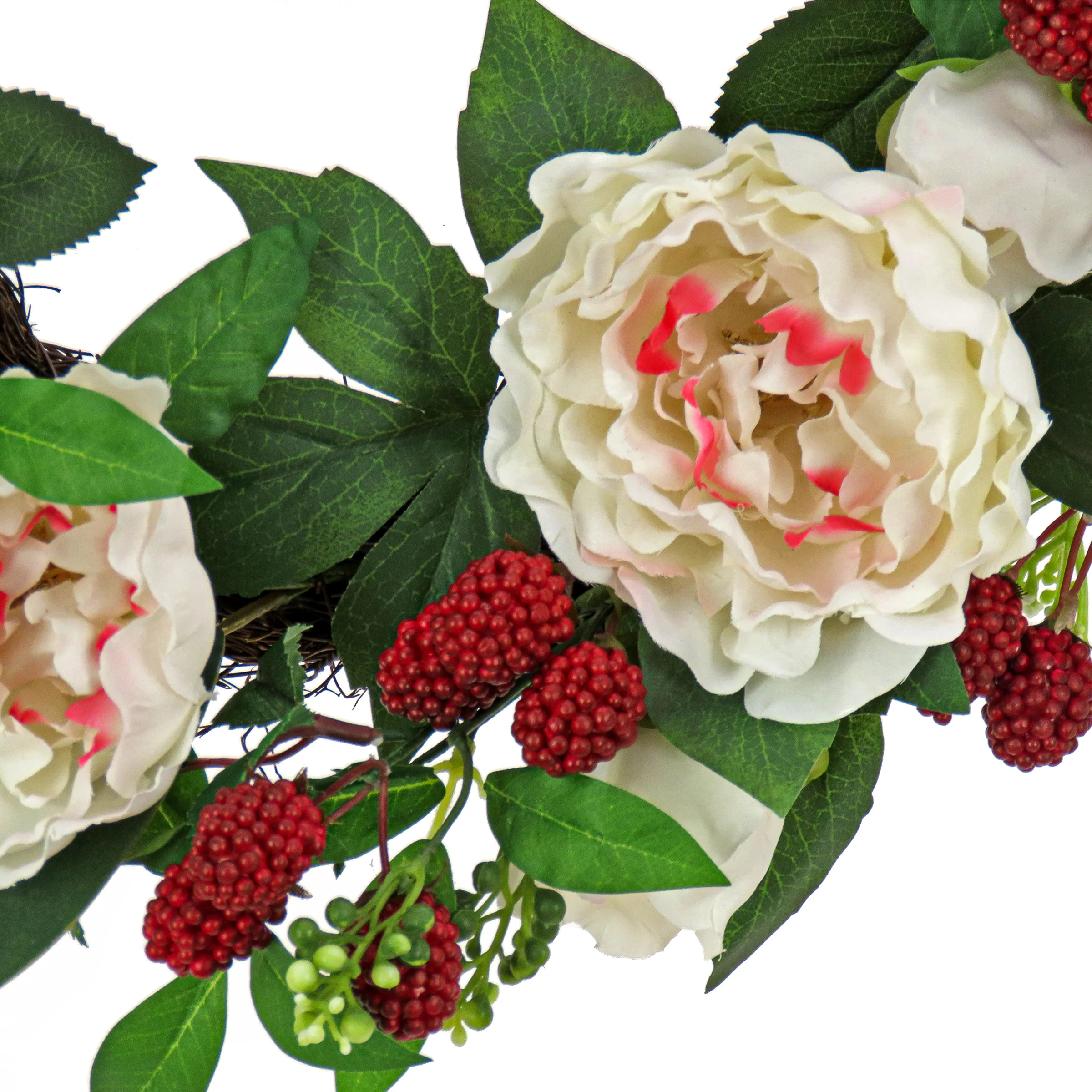 22 in. Spring Wreath with Peony Flowers, Raspberries, and Leafy Greens - Image 3