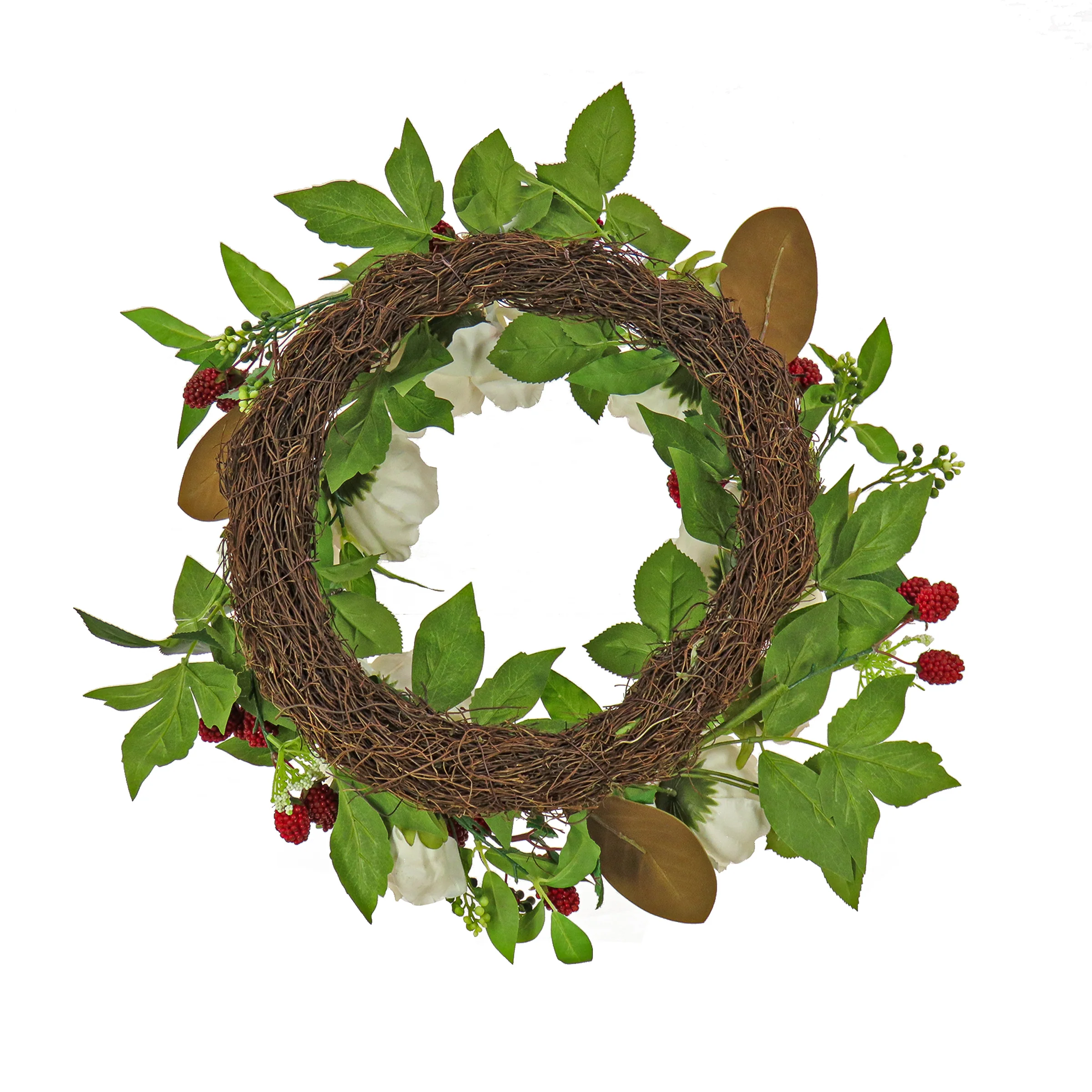 22 in. Spring Wreath with Peony Flowers, Raspberries, and Leafy Greens - Image 4