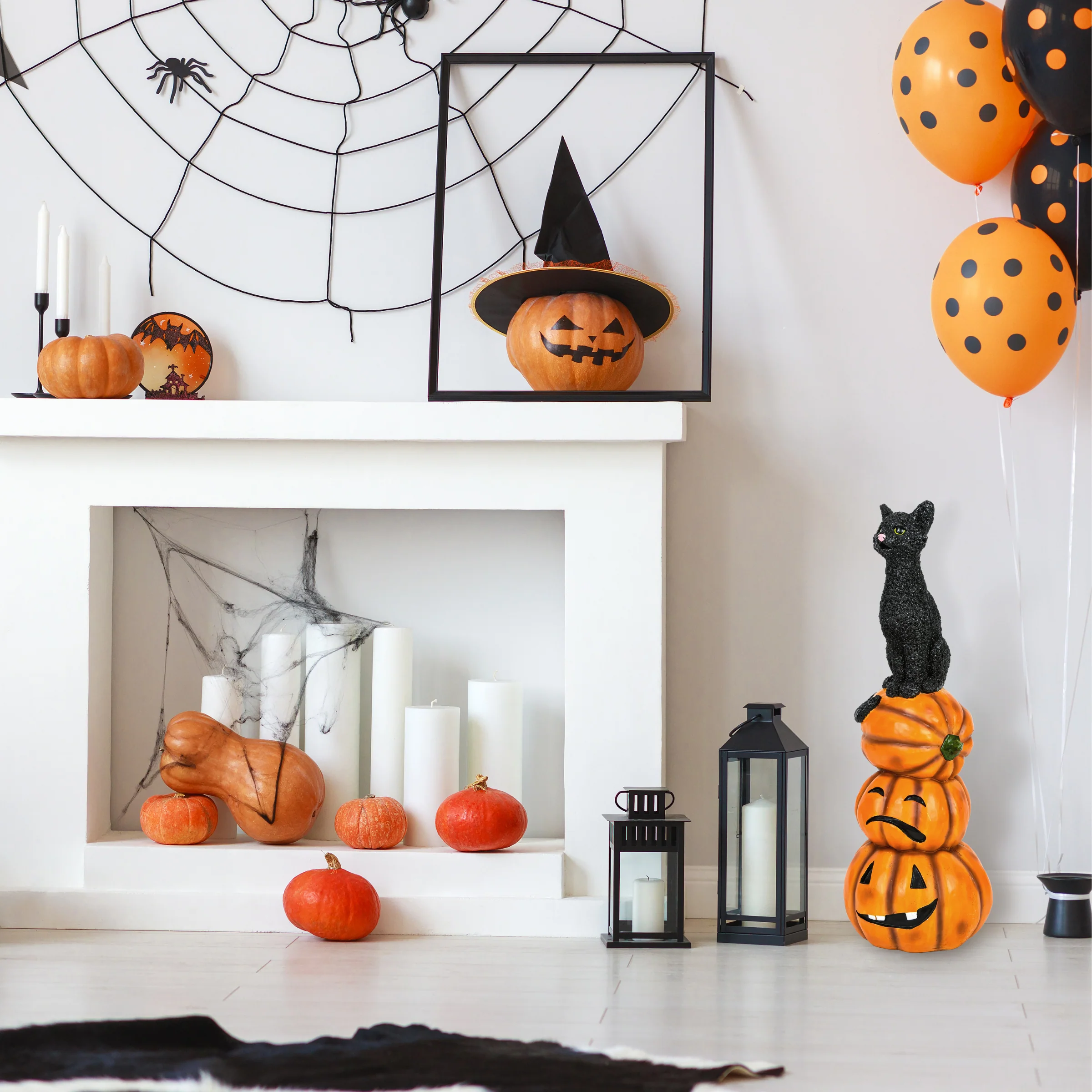 32 in. Halloween Black Cat with Pumpkin Stack Tabletop Decoration - Image 2