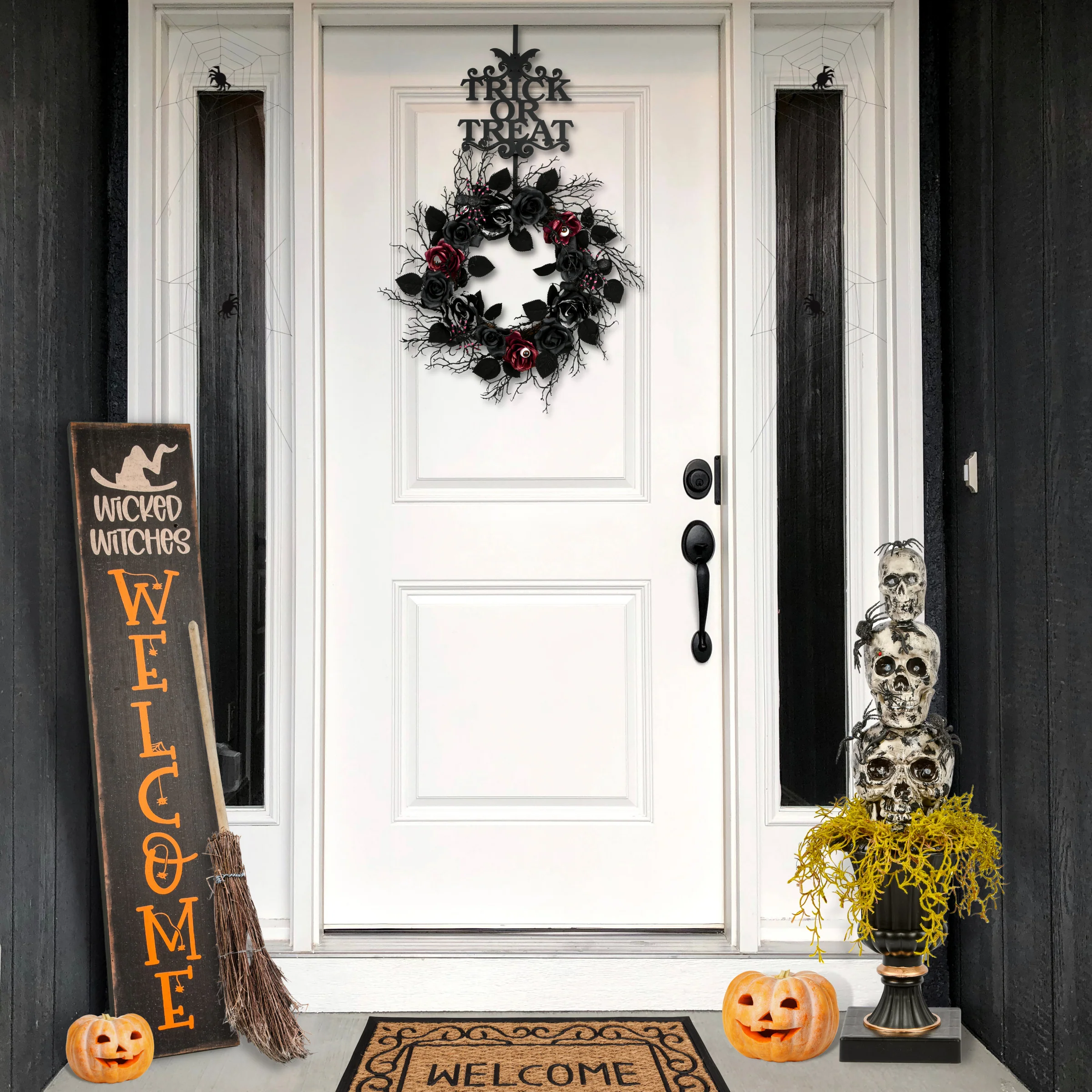 32 in. Halloween Skull Tower with Spiders Tabletop Decoration in a Black Urn - Image 2