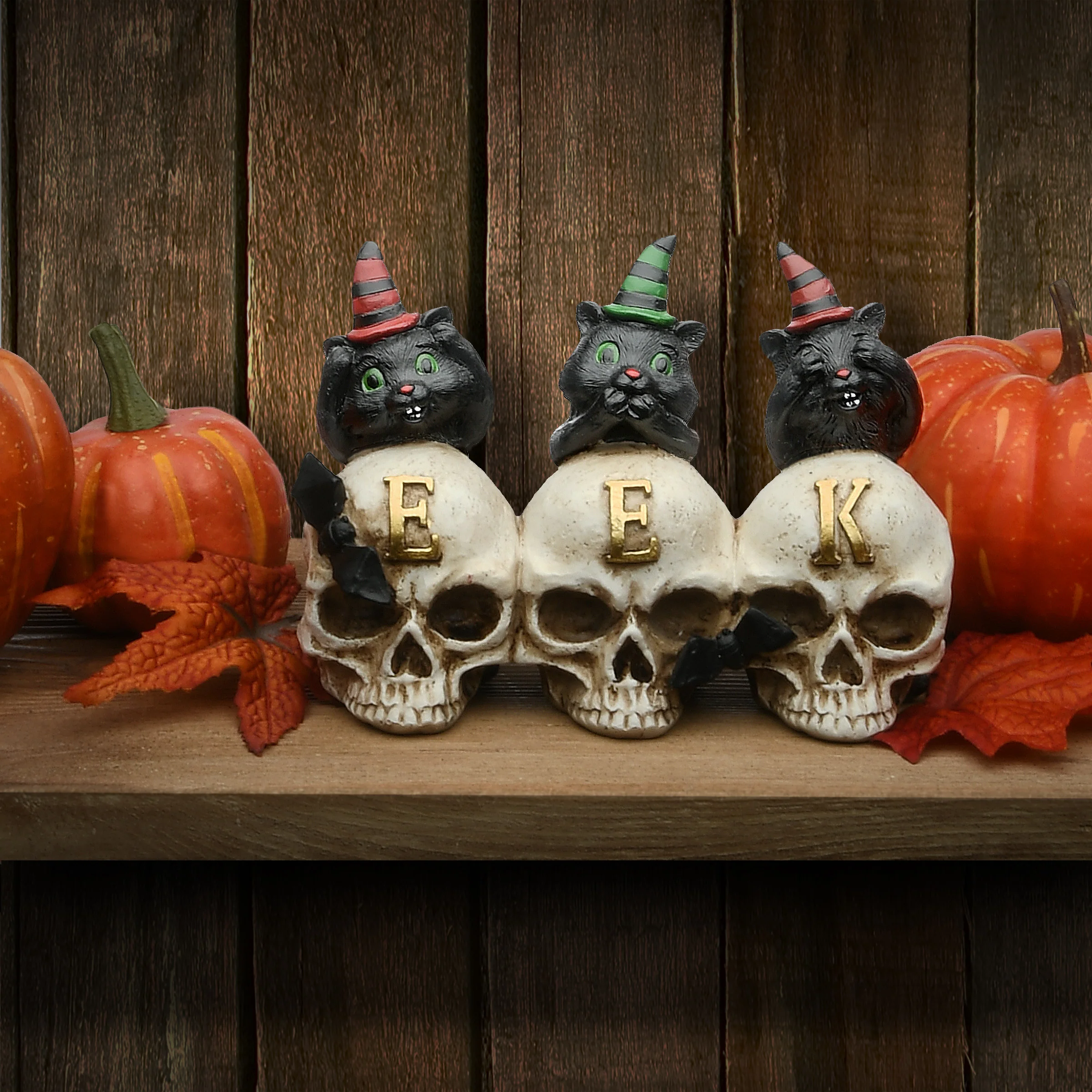 5 in. Halloween Three Black Cats and EEK Skull Sign Decoration - Image 2