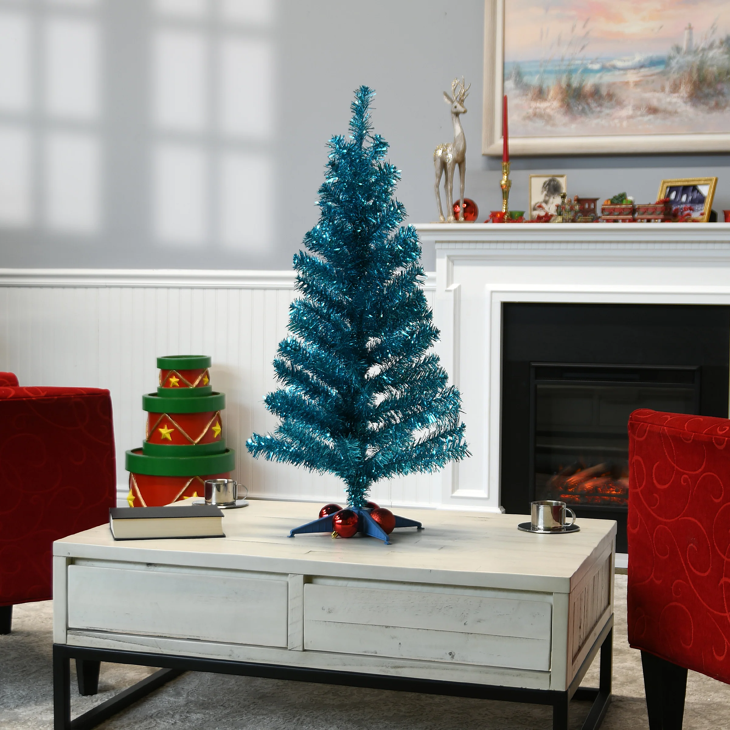 3 ft. Turquoise Tinsel Tree - Image 2