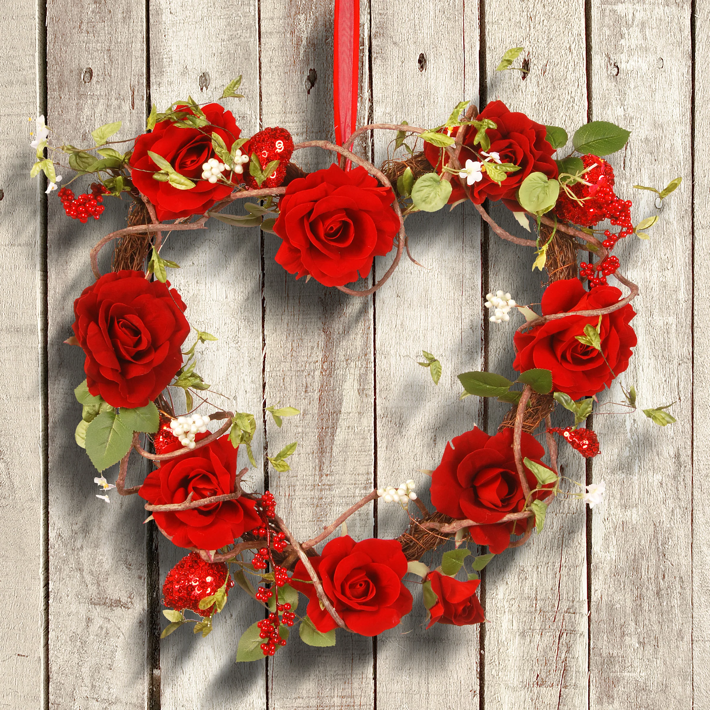 20 in. Valentine's Floral Heart Red Roses Wreath - Image 2