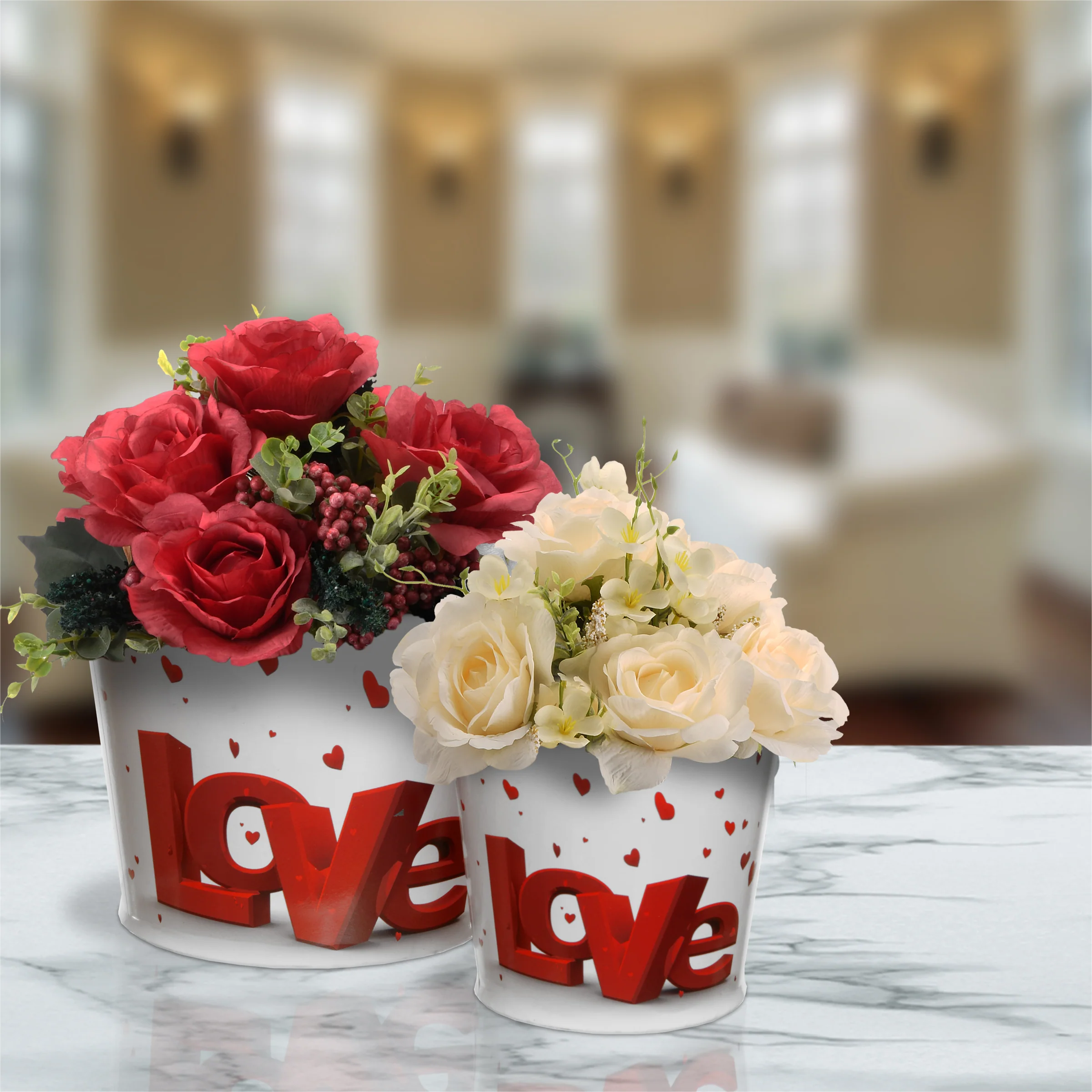 2 Piece Valentine's 'LOVE' Tin Pots Decorated with Red Hearts - Image 2