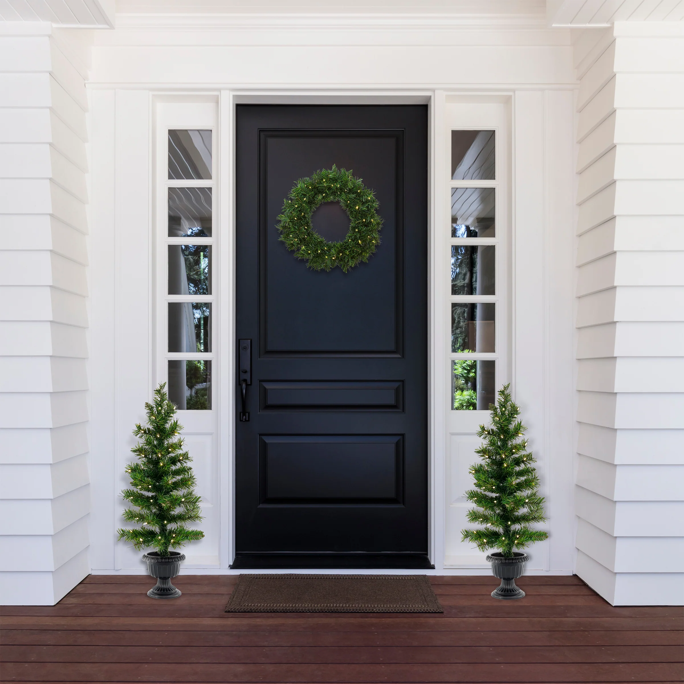 Pre-Lit Warm Welcome Assortment Set of 2 Entrance Trees, 1 Wreath, Plug-In - Image 2