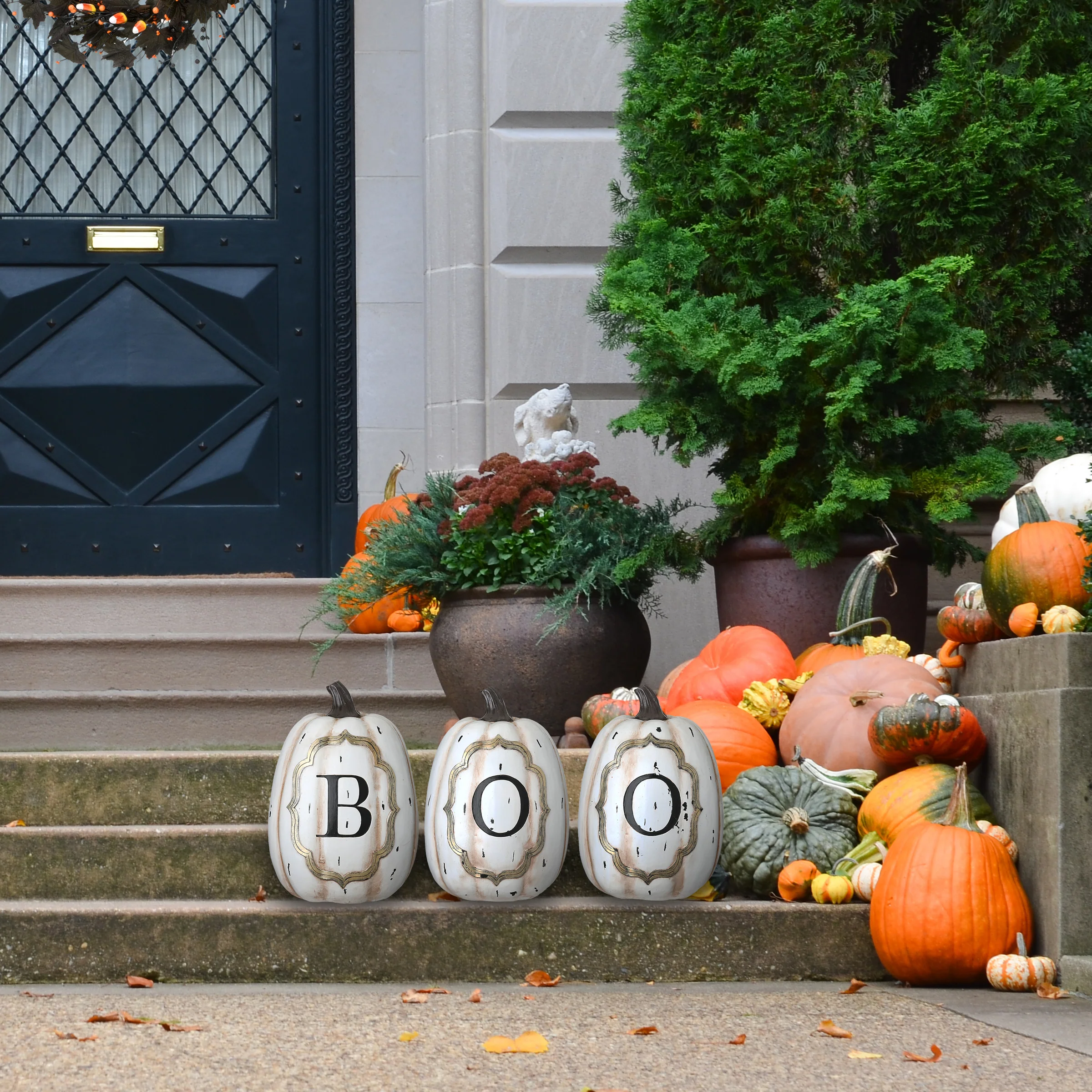 13 in. Halloween White Pumpkin BOO Sign Decoration - Image 2