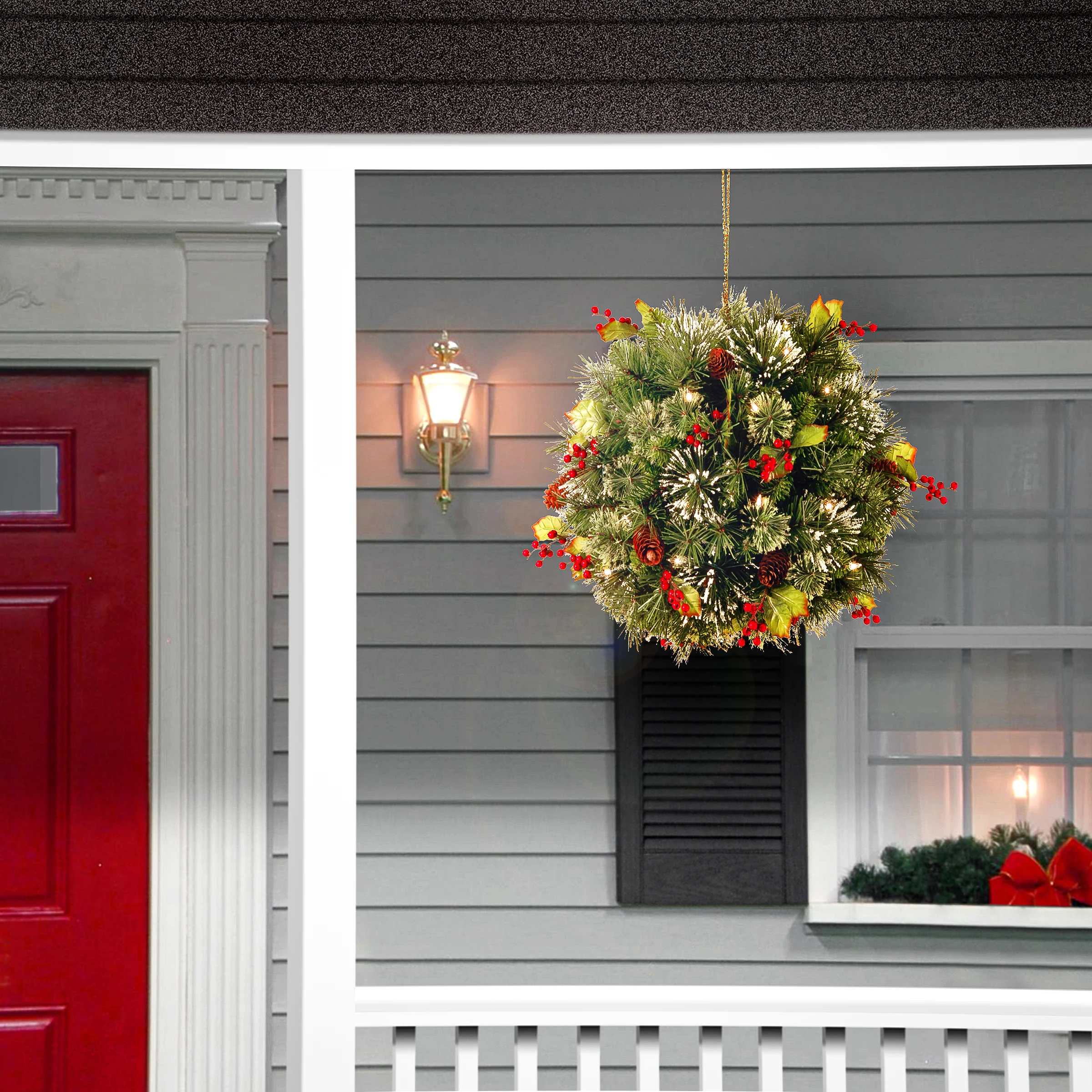 16 in. Pre-Lit Wintry Pine Kissing Ball with Warm White LED Lights - Image 2