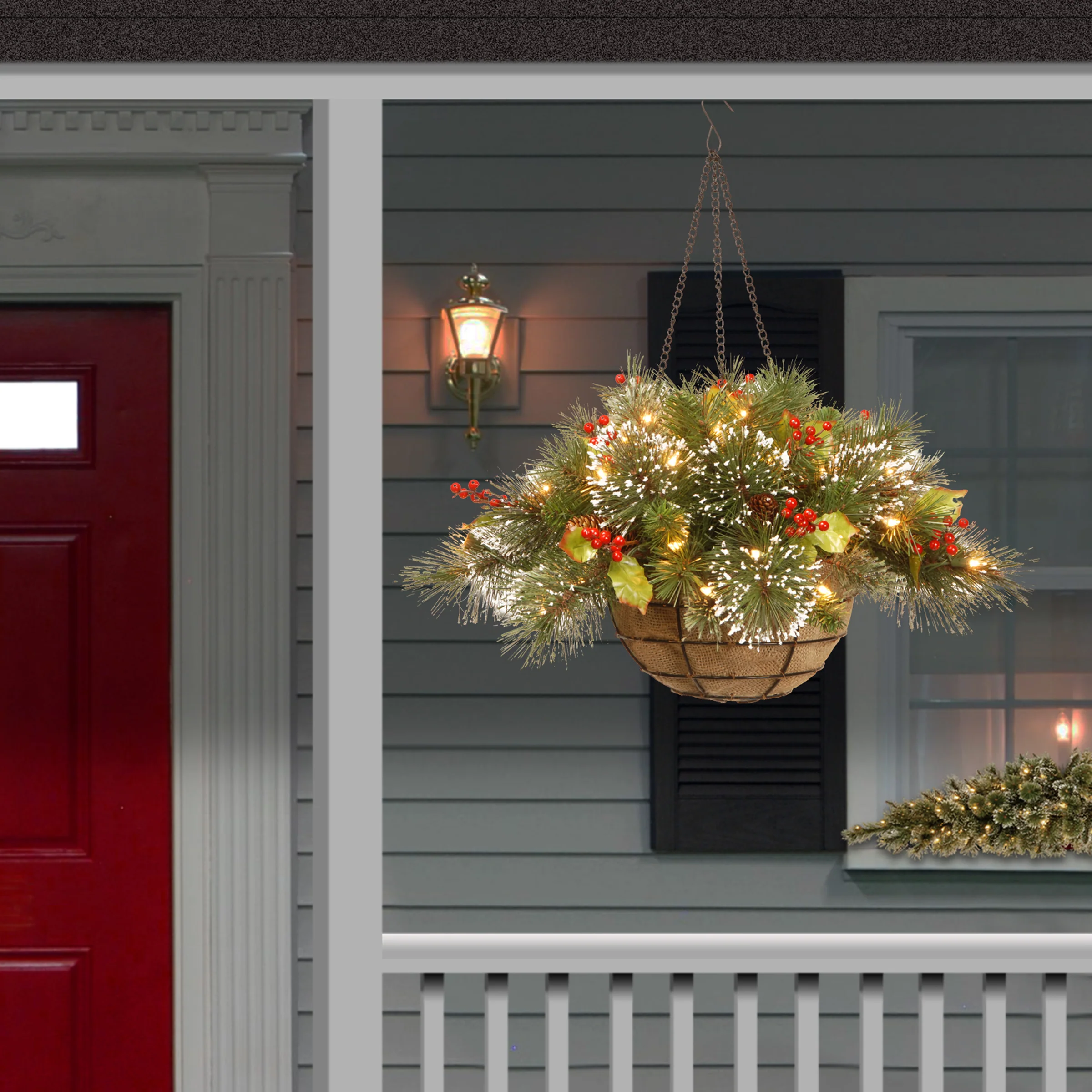 20 in. Pre-Lit Wintry Pine Hanging Basket with Warm White LED Lights - Image 2