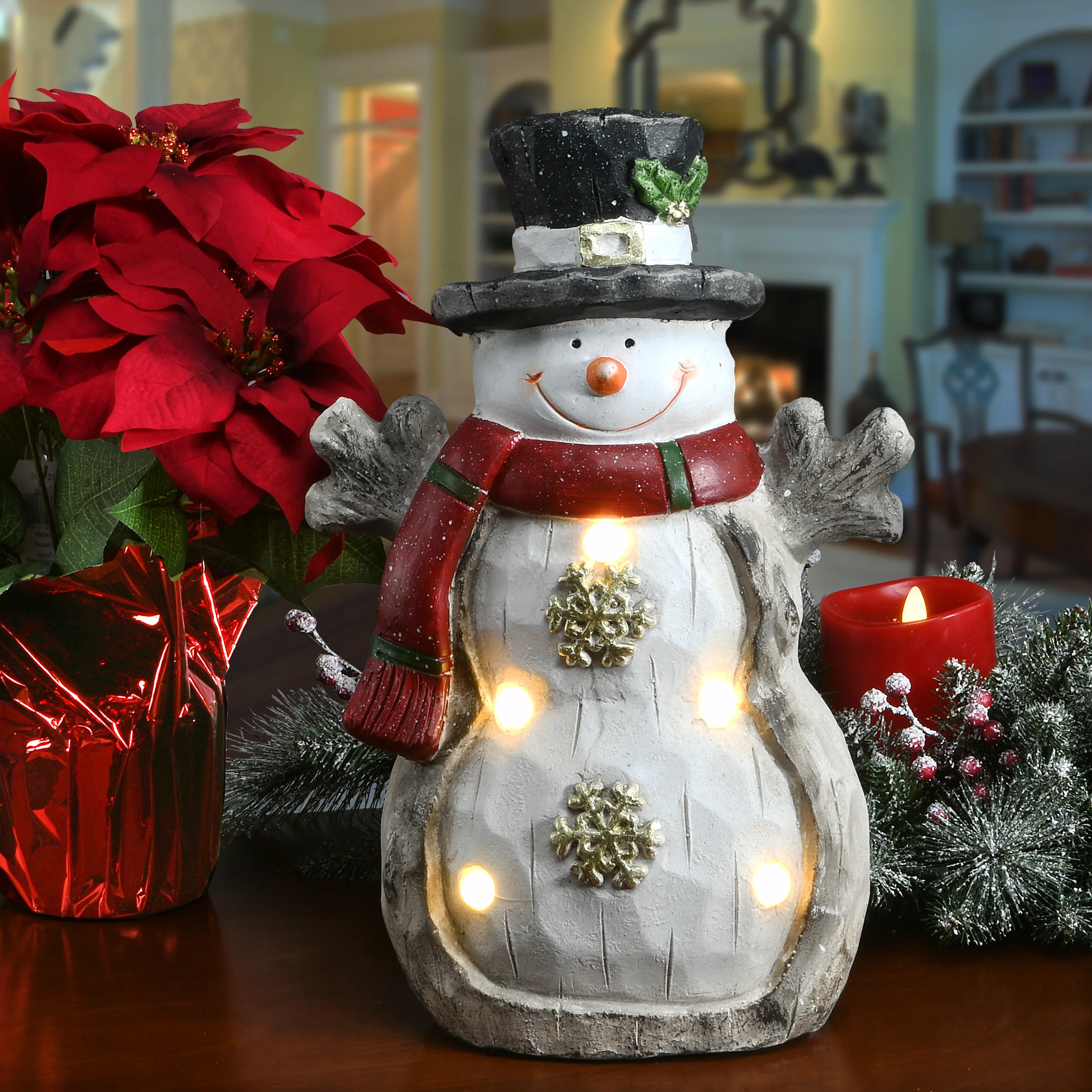 17 in. Snowman with Red Scarf, Black Hat & LED Lights - Image 2